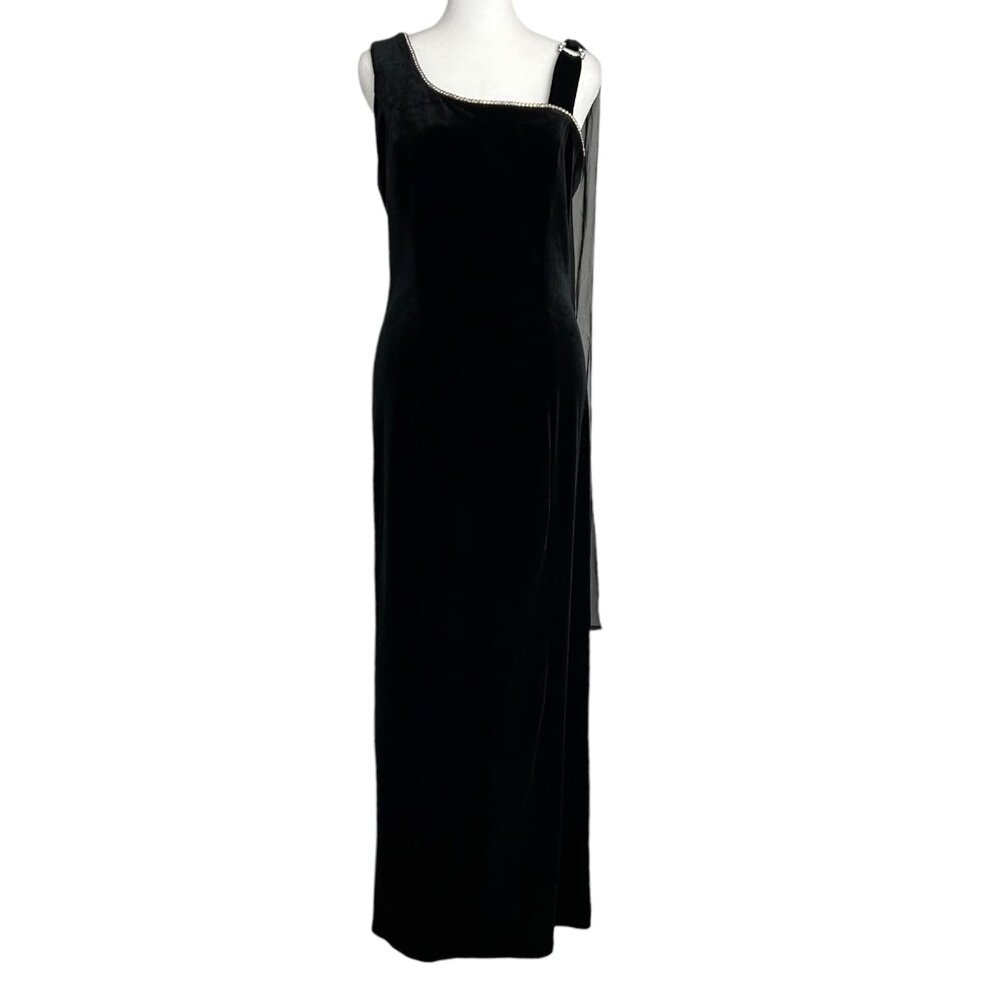 Vintage Isis Black Velvet Sleeveless Embellished‎ Chiffon Drape Maxi Dress (M)